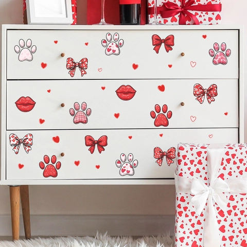 Adesivi Murali con Fiocco e Impronte per San Valentino Cuore Rosso Labbra DIY PVC Adesivo Decorativo per Camera da Letto Soggiorno