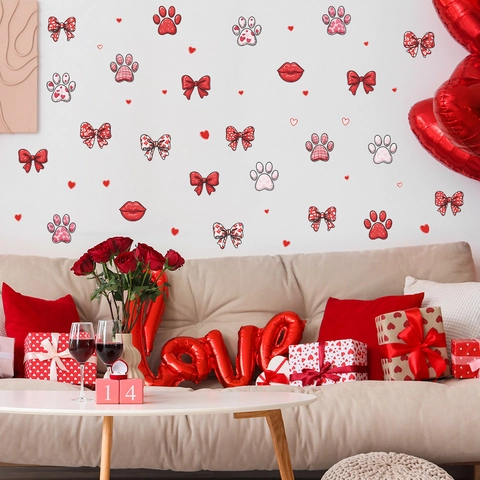 Adesivi Murali con Fiocco e Impronte per San Valentino Cuore Rosso Labbra DIY PVC Adesivo Decorativo per Camera da Letto Soggiorno