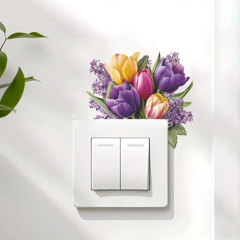 Adesivo Murale con Tulipani e Lillà per Copertura Interruttore Luce in PVC Impermeabile Autoadesivo per Decorazione Casa