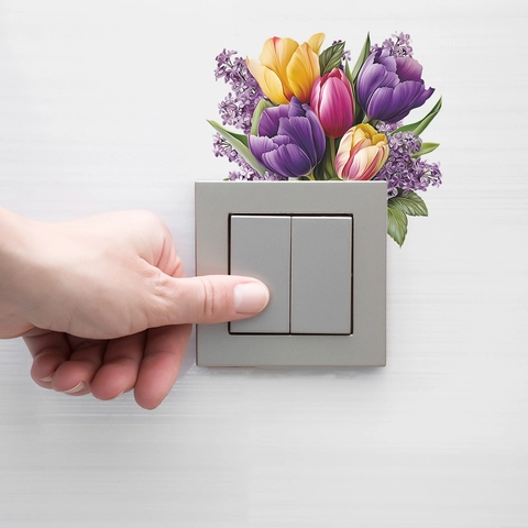 Adesivo Murale con Tulipani e Lillà per Copertura Interruttore Luce in PVC Impermeabile Autoadesivo per Decorazione Casa