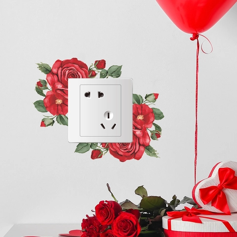 Adesivo per Interruttore da Parete a Forma di Rosa Rossa Romantica Decalcomania in PVC Impermeabile per Soggiorno Decorazione Domestica Floreale