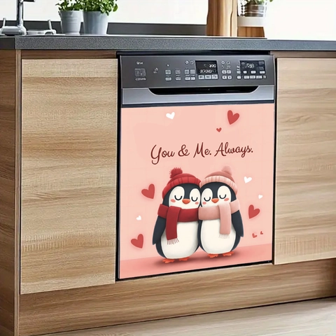 Cute Cartoon Couple Penguin Magnetic Dishwasher Sticker PVC Heart Pattern Always You And Me Quote Kitchen Appliance Decor
