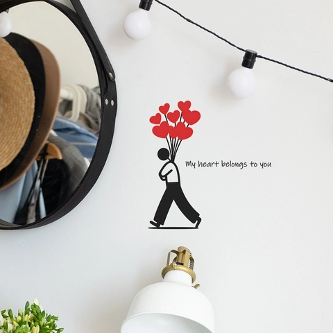 Adesivo Murale Omino Palloncini Cuore My Heart Belongs To You PVC Citazione Decalcomania Per Camera Da Letto Decorazione Casa