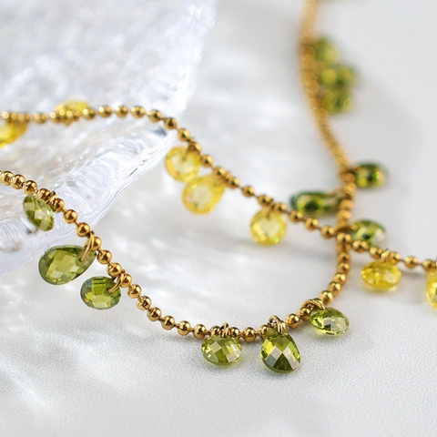 Stainless Steel Irregular Teardrop Cubic Zirconia Necklace Bracelet Olive Green Yellow Ball Chain Starry Jewelry For Women