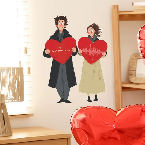 Romantisches Cartoon Paar Mit Roten Herzen PVC Selbstklebendes Wandtattoo Für Schlafzimmer Wohnzimmer Herzschlag Muster