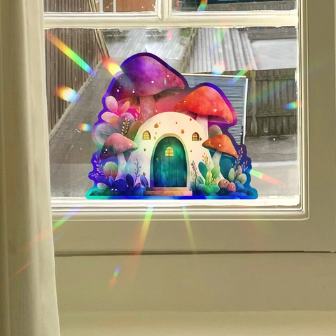 Cartoon Mushroom House Suncatcher Window Sticker Rainbow Prism PVC Wall Decal For Living Room Kitchen Home Decor Sun Catcher