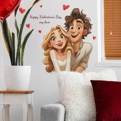 Valentine's Day Cartoon Couple Heart Wall Sticker Romantic PVC Decal For Living Room Bedroom Home Decoration Mural Gift