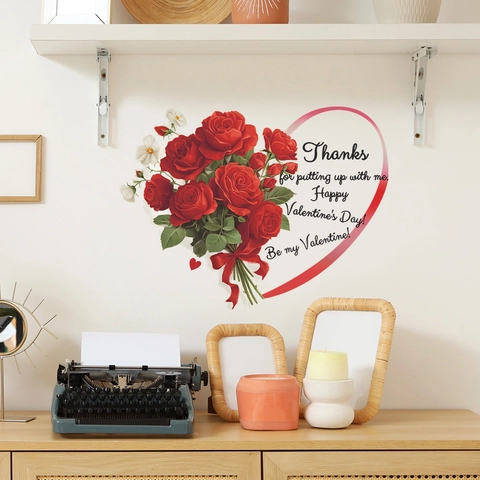 Pegatina De Pared De Corazón Rosa Roja Happy Valentine's Day Calcomanía De PVC Extraíble Para Dormitorio Sala De Estar Romántica