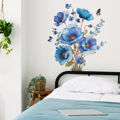 Aquarell Blaue Mohnblumen Und Schmetterlinge Wandaufkleber PVC Selbstklebend Blumen Wanddeko Für Wohnzimmer Home Dekoration
