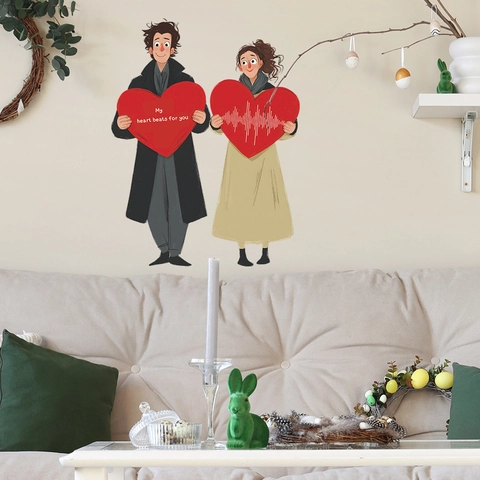 Romantisches Cartoon Paar Mit Roten Herzen PVC Selbstklebendes Wandtattoo Für Schlafzimmer Wohnzimmer Herzschlag Muster