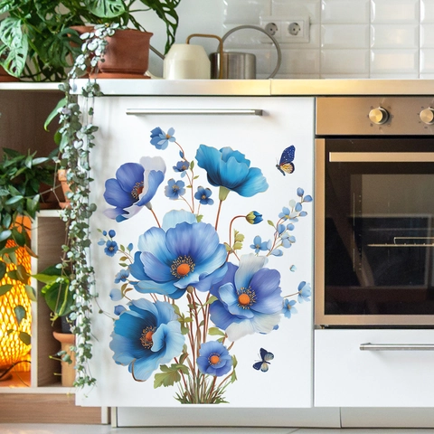 Aquarell Blaue Mohnblumen Und Schmetterlinge Wandaufkleber PVC Selbstklebend Blumen Wanddeko Für Wohnzimmer Home Dekoration