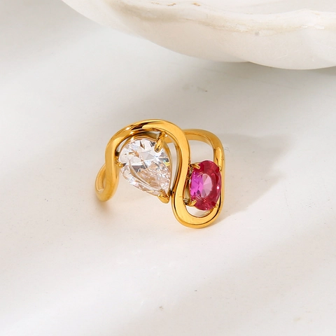 Anillo de Lujo de Acero Inoxidable de Doble Piedra para Mujer Circonia Corte Pera y Ovalado Chapado en Oro Joyería