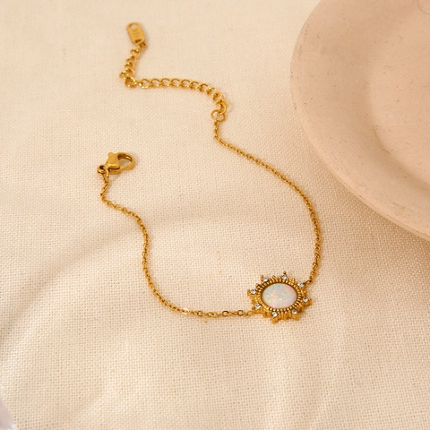 Bracelet Pendentif Soleil En Acier Inoxydable Pour Femme Plaqué Or Opale Artificielle Strass Bijoux De Luxe