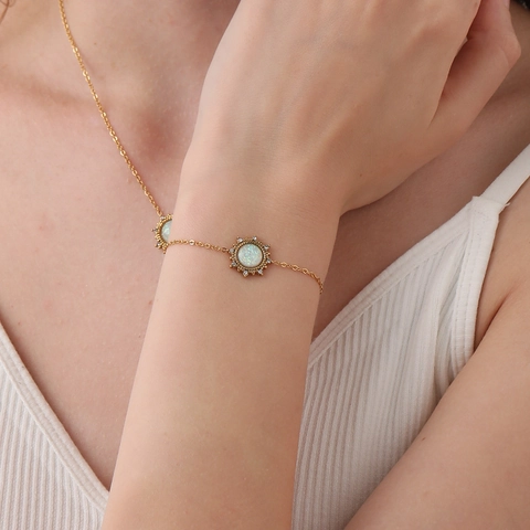 Bracelet Pendentif Soleil En Acier Inoxydable Pour Femme Plaqué Or Opale Artificielle Strass Bijoux De Luxe
