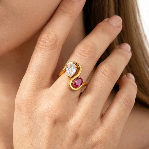 Anillo de Lujo de Acero Inoxidable de Doble Piedra para Mujer Circonia Corte Pera y Ovalado Chapado en Oro Joyería