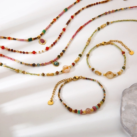 Bohème Pierre Naturelle Acier Inoxydable Collier Perlé Bracelet Pour Femme Vintage Imperméable Bijoux Cadeau