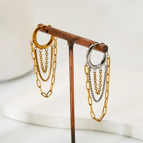 Boucles d'Oreilles Créoles en Acier Inoxydable Plaqué Or 18K avec Gland Chaîne pour Femmes Bijoux de Mode Étanche