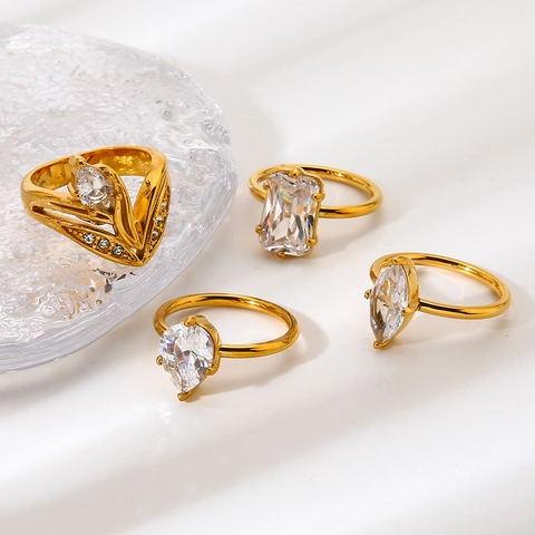 Geometrischer Wassertropfen Zirkonia Edelstahl Ring PVD 18K Vergoldet Luxus Edelstein Fingerring Schmuck Für Damen