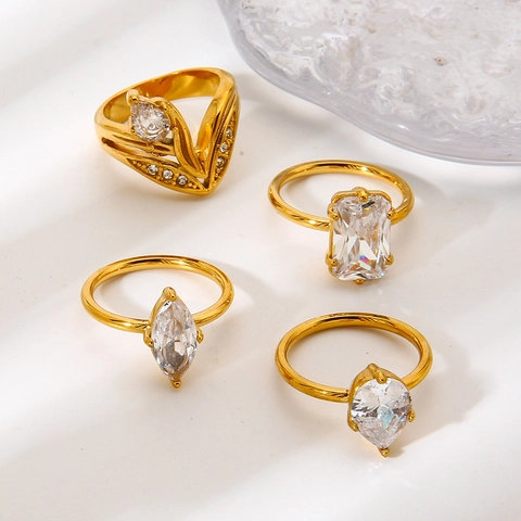 Geometrischer Wassertropfen Zirkonia Edelstahl Ring PVD 18K Vergoldet Luxus Edelstein Fingerring Schmuck Für Damen