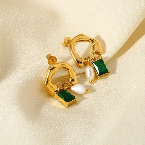 French Vintage Alloy Dangle Earrings With Irregular Hoop Rectangular Zircon And White Imitation Artificial Pearl For Women
