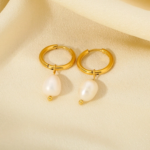 Orecchini a Cerchio in Acciaio Inossidabile con Perle d'Acqua Dolce Placcati Oro 18K Pendenti a Goccia d'Acqua Gioielli