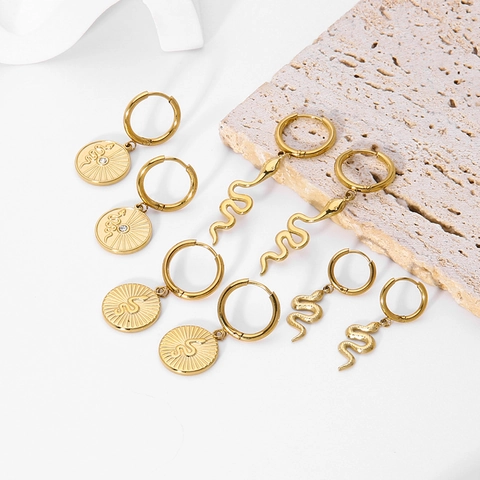 Waterproof Stainless Steel Snake Pendant Hoop Earrings For Women Gold Plated Coin Disc Dangle Earrings Vintage Fashion Jewelry