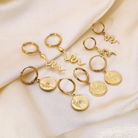 Waterproof Stainless Steel Snake Pendant Hoop Earrings For Women Gold Plated Coin Disc Dangle Earrings Vintage Fashion Jewelry
