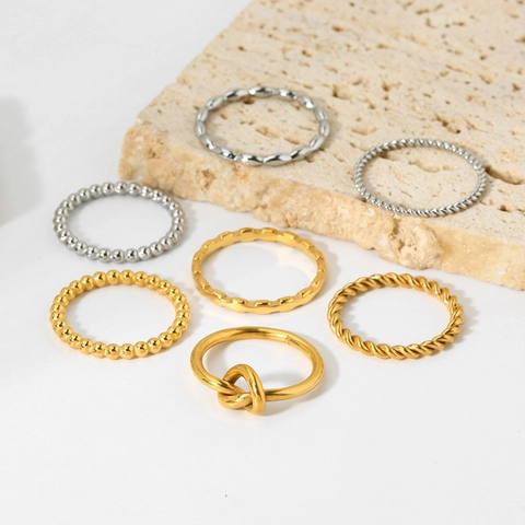Bague Anneau Minimaliste en Acier Inoxydable avec Nœud et Perles pour Femme Plaqué Or Argent Bijoux Géométriques
