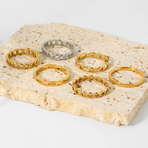 Bagues Minimalistes Rétro en Acier Inoxydable pour Femmes Plaqué Or 18K Croix Géométrique Texture Chaîne Bijoux Mode
