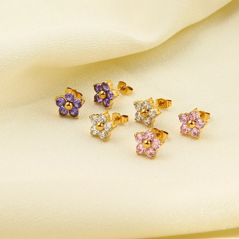 Damen Blumen Zirkon Ohrstecker Vergoldet Edelstahl Floral Blütenblatt Wasserdichter Schmuck Rosa Weiß Lila Ohrringe
