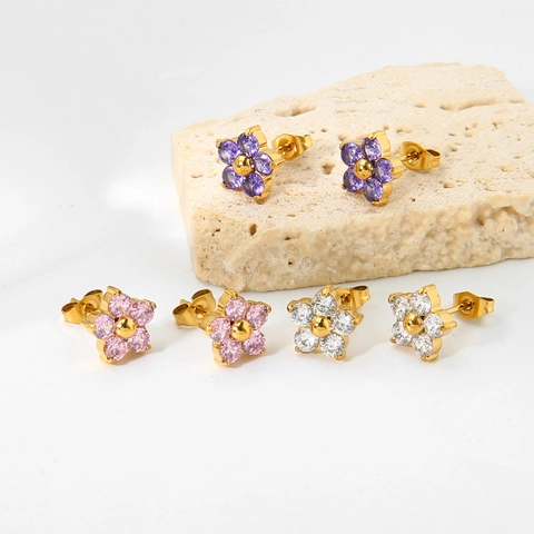 Damen Blumen Zirkon Ohrstecker Vergoldet Edelstahl Floral Blütenblatt Wasserdichter Schmuck Rosa Weiß Lila Ohrringe