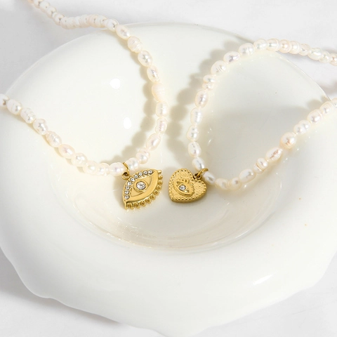 Edelstahl Süßwasserperlenkette Für Damen Vergoldet Herz Böser Blick Strass Anhänger Halskette Mode Schmuck