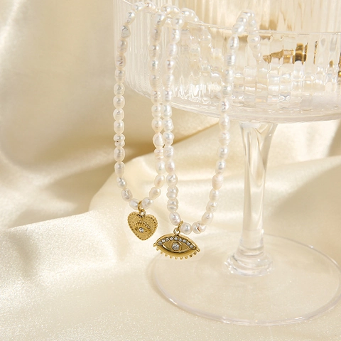 Edelstahl Süßwasserperlenkette Für Damen Vergoldet Herz Böser Blick Strass Anhänger Halskette Mode Schmuck