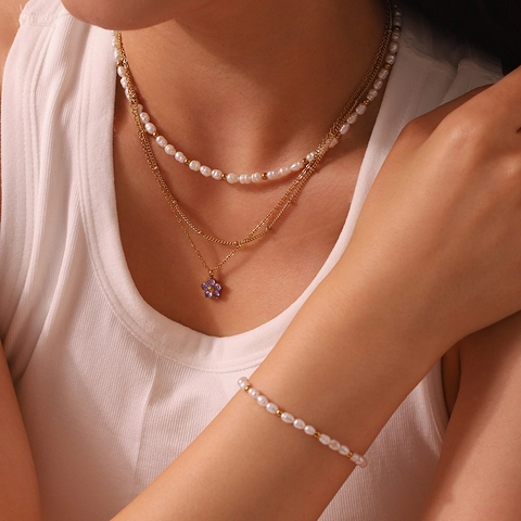 18K Vergoldeter Edelstahl Süßwasserperle Halskette Armband Leichter Luxus Mode Schmuck Zubehör Für Damen