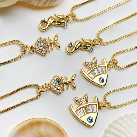 Ocean Series Copper Zirconia Marine Animal Seahorse Fish Shell Pendant Necklace For Women Minimalist Summer Vacation Jewelry