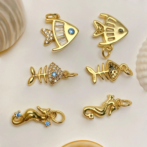 Ocean Series Copper Zirconia Marine Animal Seahorse Fish Shell Pendant Necklace For Women Minimalist Summer Vacation Jewelry