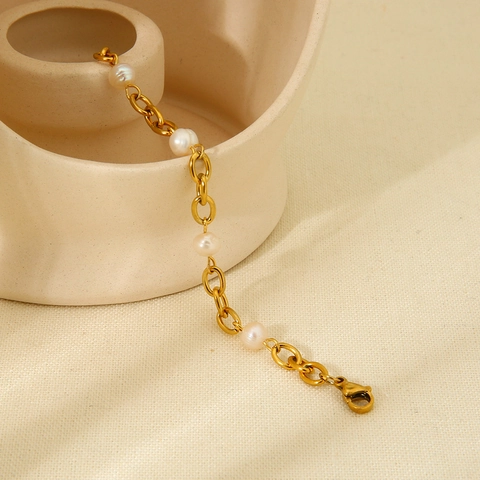 18K Vergoldetes Edelstahl Süßwasserperle Armband Für Damen Elegant Ins-Stil Minimalistisch Gliederkette Handschmuck