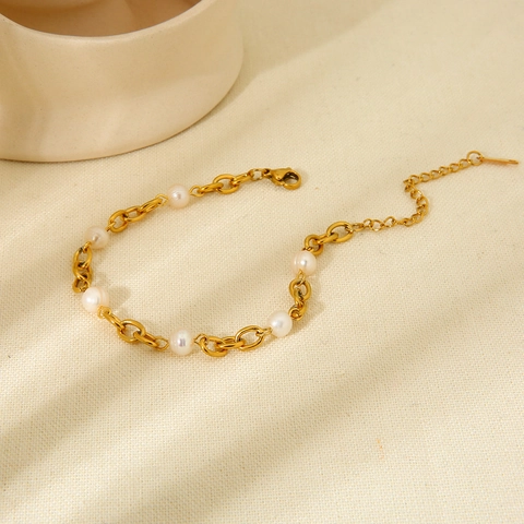 18K Vergoldetes Edelstahl Süßwasserperle Armband Für Damen Elegant Ins-Stil Minimalistisch Gliederkette Handschmuck