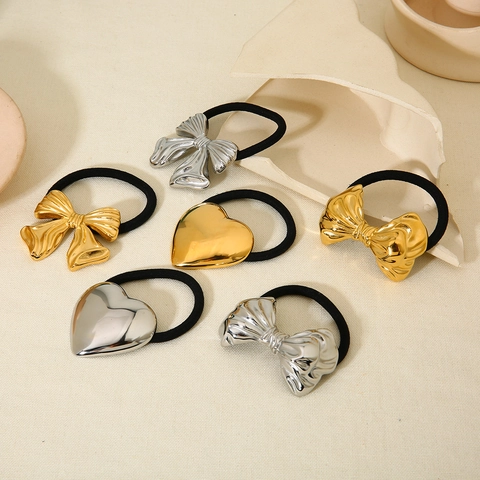 Minimalist Stainless Steel Bow Heart Hair Tie High Sense Elastic Hair Scrunchies For Women Gold Silver Metal Ponytail Holder Accessories Jewelry Gift