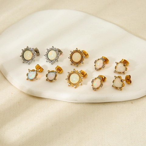 Pendientes de Botón de Acero Inoxidable Impermeables con Ópalo Artificial y Strass Sol Corazón Gota Oro Plata Chapado Joyería Mujer