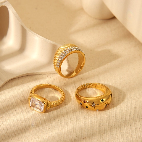 Ins Style 18K Gold Plated Stainless Steel Ring For Women Geometric Star Flare Zirconia Rhinestone Waterproof Finger Jewelry