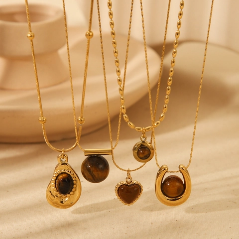 Vintage Stainless Steel Tiger Eye Stone Pendant Necklace 18K Gold Plated Geometric Maillard Style Waterproof Jewelry For Women