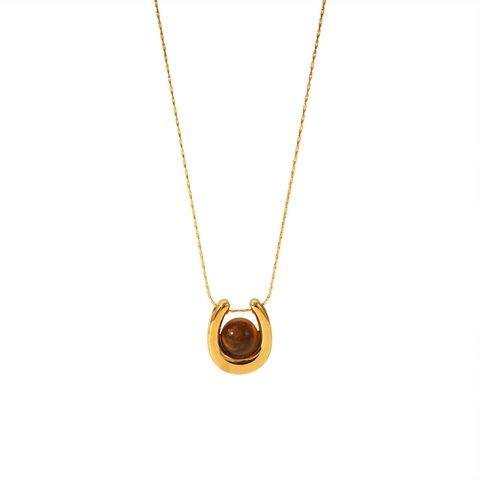 Vintage Stainless Steel Tiger Eye Stone Pendant Necklace 18K Gold Plated Geometric Maillard Style Waterproof Jewelry For Women