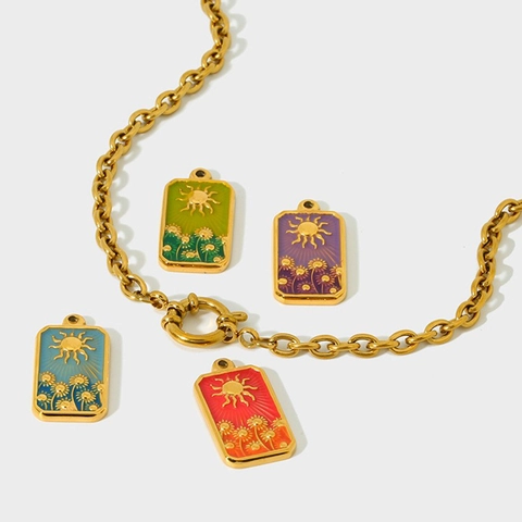 Pendentifs de Carte de Tarot Vintage en Acier Inoxydable Plaqué Or Émail Soleil Tournesol Breloques Rectangulaires pour Fabrication de Bijoux Femme