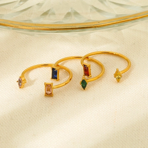 Bague Ouverte en Acier Inoxydable Plaquée Or 18K pour Femme Colorée Zirconia Géométrique Baguette Marquise Zirconia Bague Bijoux