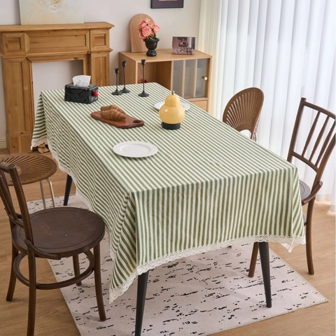Japanischer Stil Gestreifte Tischdecke Mit Spitzenbesatz Rechteckige Polyester Baumwolle Garngefärbt Waschbar Abdeckung Für Esszimmer Heimdekor