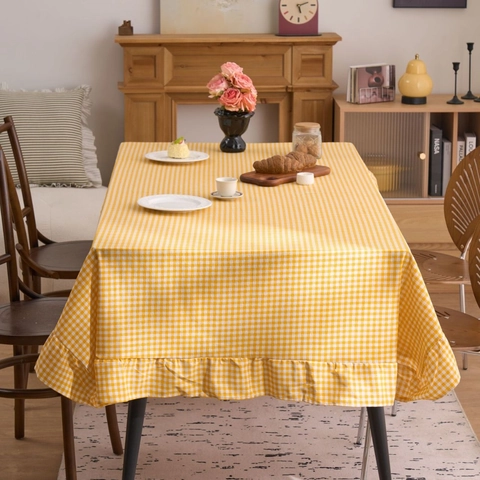 Nappe Imprimée Gingham Vintage Français Avec Bord à Volants en Mélange de Coton et Lin Couverture de Table Pastorale à Carreaux