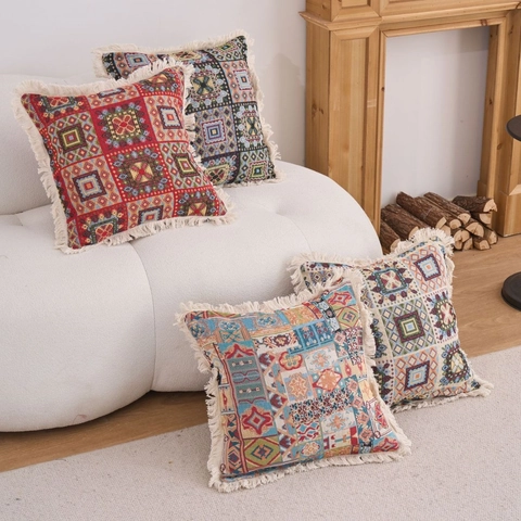 Boho Jacquard Polyester Kissenbezug Mit Quasten Amerikanischer Stil Blumen Deko Kissenhülle Für Sofa Couch Wohnzimmer