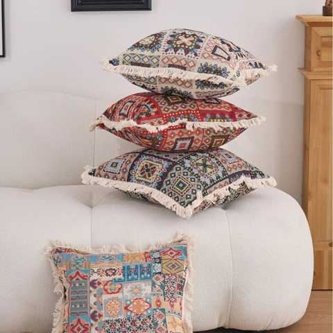 Boho Jacquard Polyester Kissenbezug Mit Quasten Amerikanischer Stil Blumen Deko Kissenhülle Für Sofa Couch Wohnzimmer