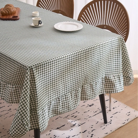 Nappe Vintage Française en Coton Lin à Carreaux Avec Bord à Volants Imprimé Carrelé pour Table à Manger Décoration Maison